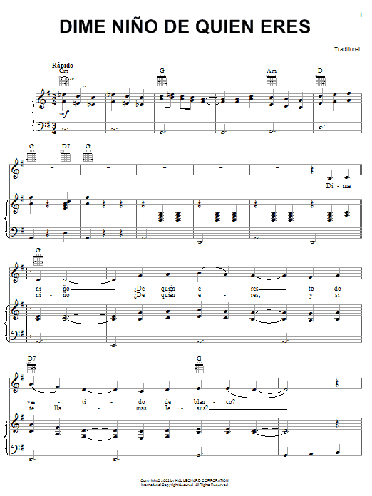 Traditional Dime Nino De Quien Eres sheet music notes and chords arranged for Piano, Vocal & Guitar Chords (Right-Hand Melody)