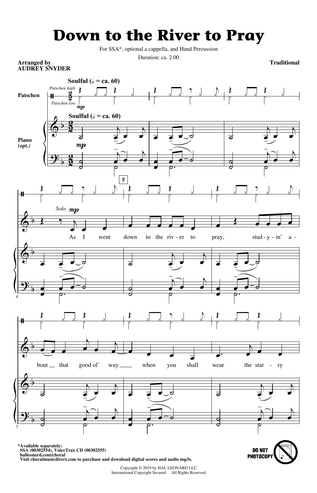 Traditional Down To The River To Pray (arr. Audrey Snyder) sheet music notes and chords. Download Printable PDF.