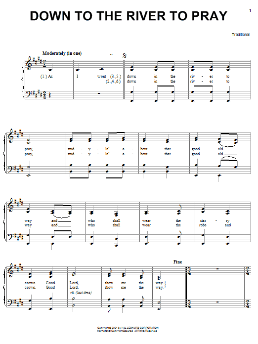 Traditional Down To The River To Pray sheet music notes and chords. Download Printable PDF.