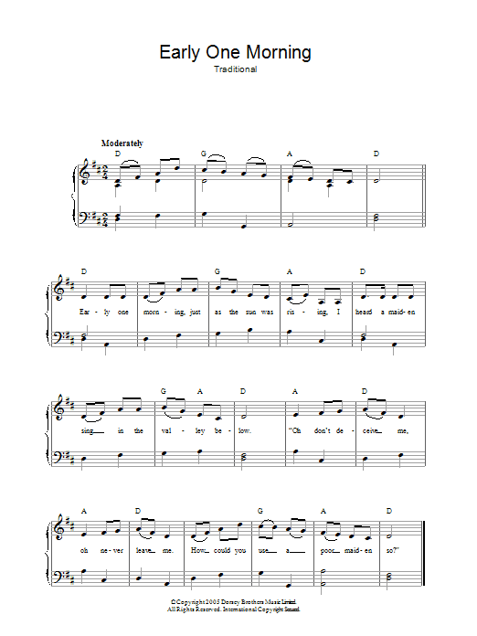 Traditional Early One Morning sheet music notes and chords. Download Printable PDF.