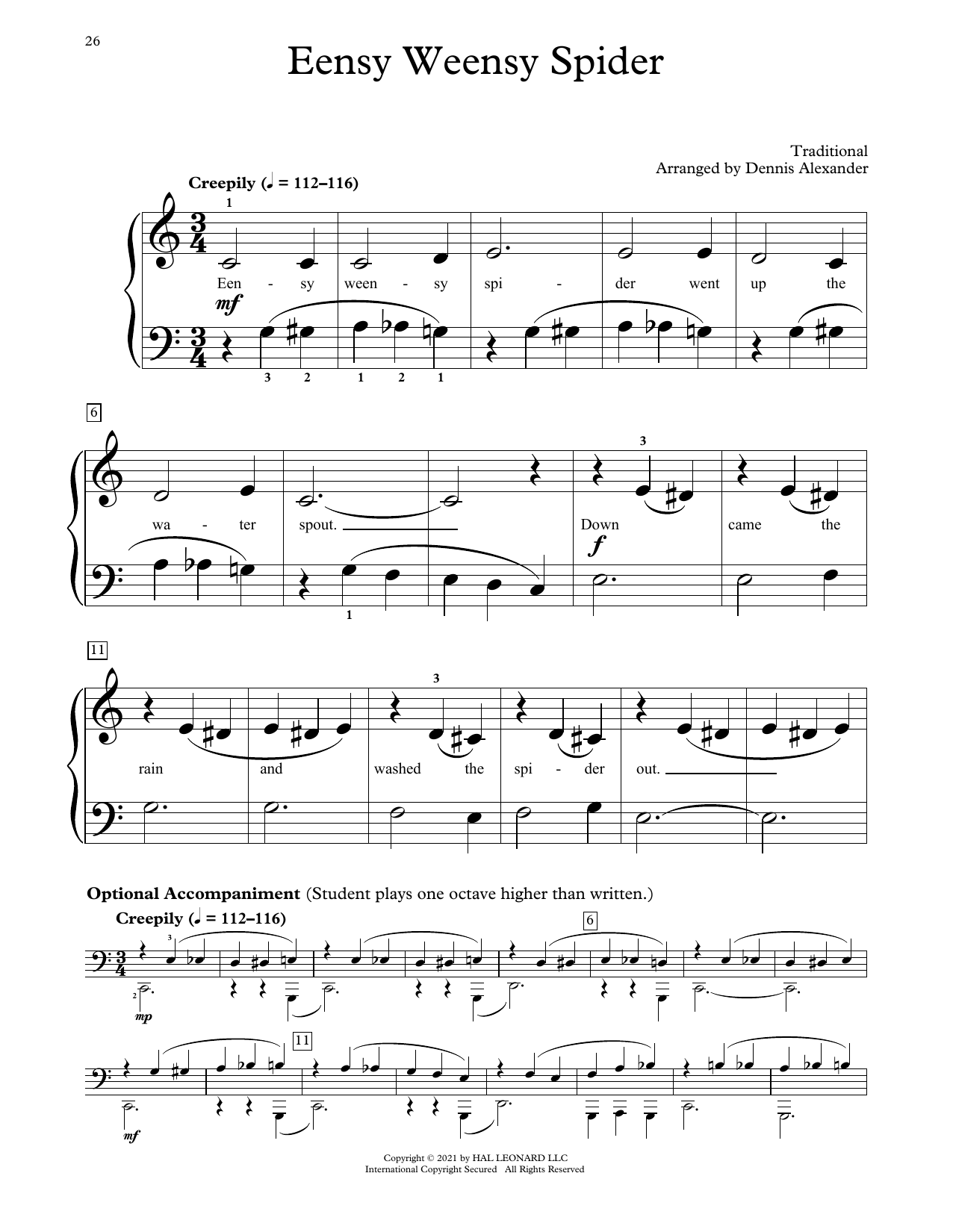 Traditional Eensy Weensy Spider (arr. Dennis Alexander) sheet music notes and chords. Download Printable PDF.