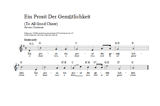 Learn to play Traditional Ein Prosit Der Gemütlichkeit sheet music for Lead Sheet / Fake Book in minutes. Price: 5.9900$ Traditional Ein Prosit Der Gemütlichkeit sheet music notes and chords arranged for Lead Sheet / Fake Book