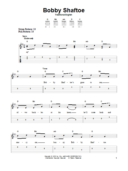 Traditional English Bobby Shaftoe sheet music notes and chords arranged for Easy Guitar Tab