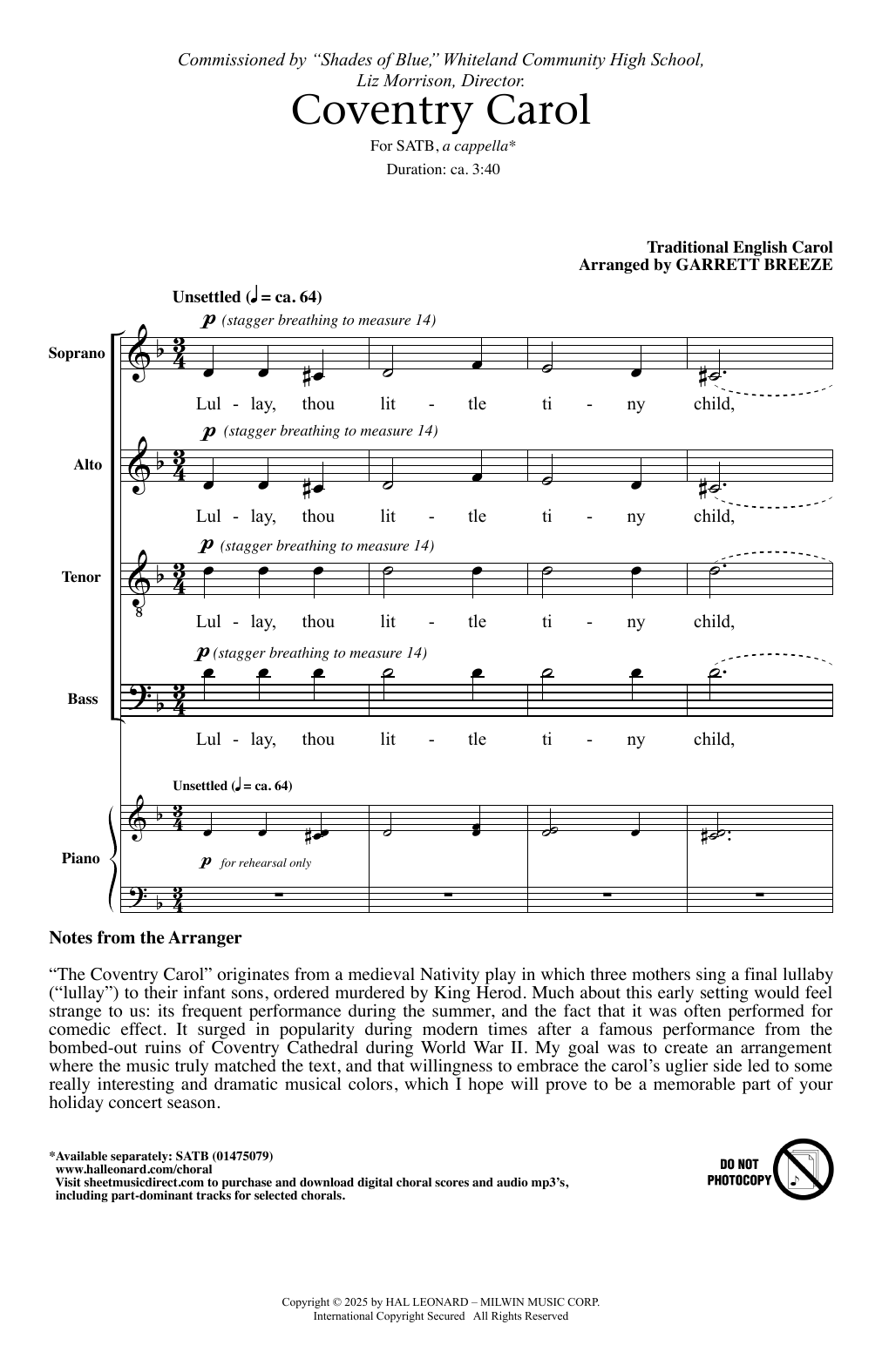 Learn to play Traditional English Carol Coventry Carol (arr. Garrett Breeze) sheet music for SATB Choir in minutes. Price: 3.9900$ Traditional English Carol Coventry Carol (arr. Garrett Breeze) sheet music notes and chords arranged for SATB Choir