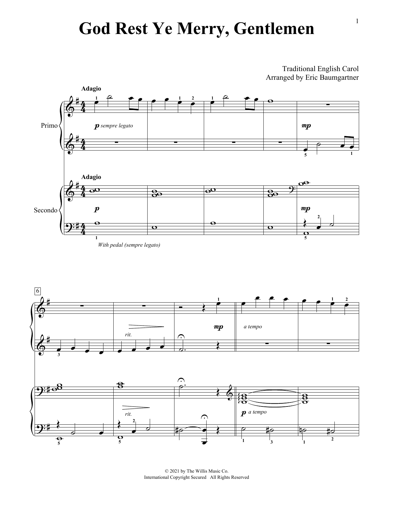 Learn to play Traditional English Carol God Rest Ye Merry, Gentlemen (arr. Eric Baumgartner) sheet music for Piano Duet in minutes. Price: 7.8900$ Traditional English Carol God Rest Ye Merry, Gentlemen (arr. Eric Baumgartner) sheet music notes and chords arranged for Piano Duet