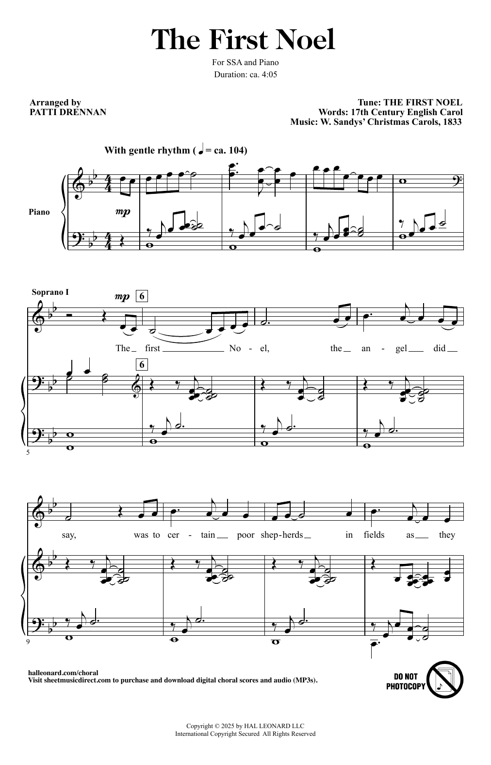 Learn to play Traditional English Carol The First Noel (arr. Patti Drennan) sheet music for SSA Choir in minutes. Price: 3.9900$ Traditional English Carol The First Noel (arr. Patti Drennan) sheet music notes and chords arranged for SSA Choir