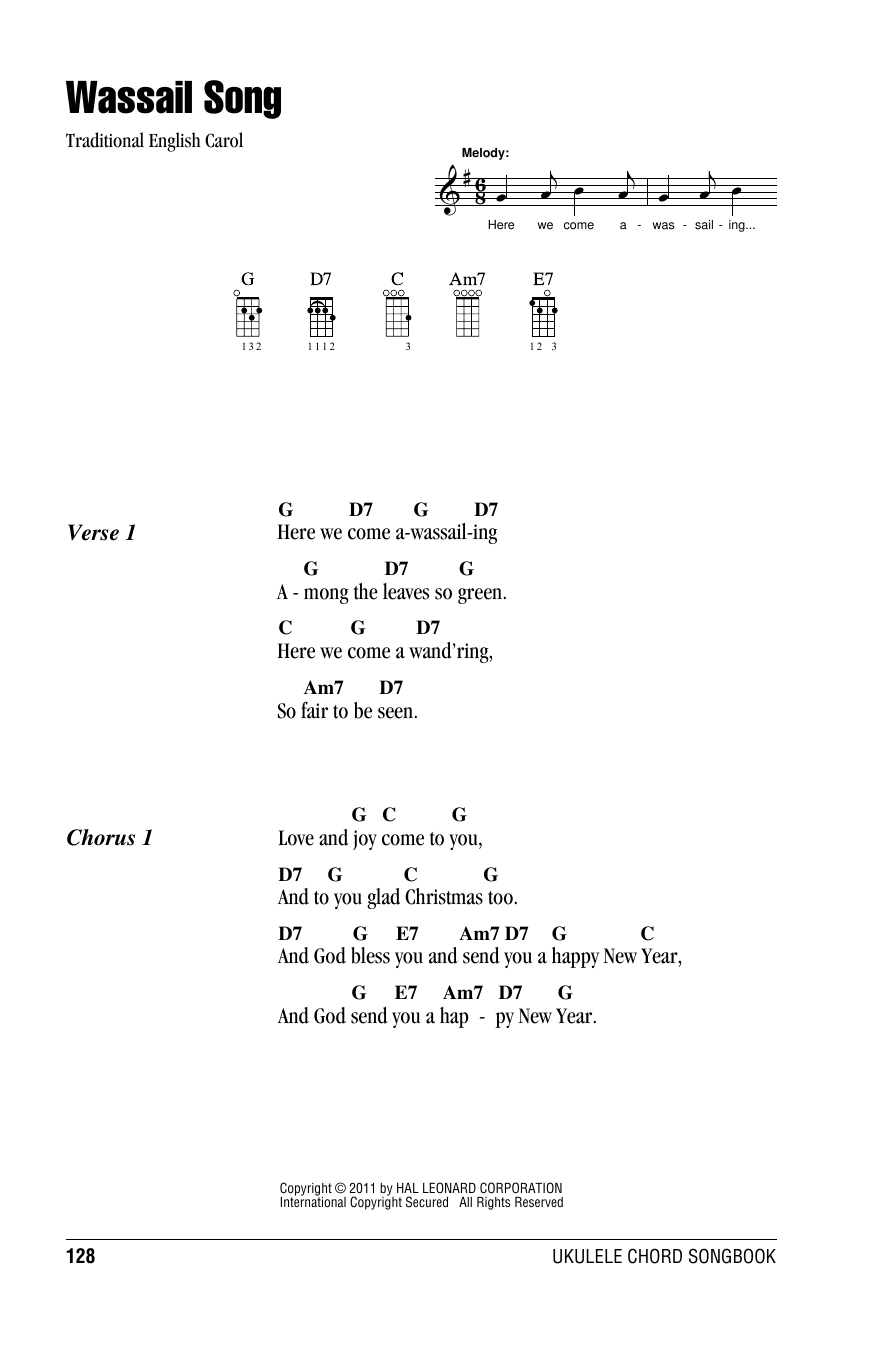 Christmas Carol Wassail Song sheet music notes and chords arranged for Ukulele Chords/Lyrics