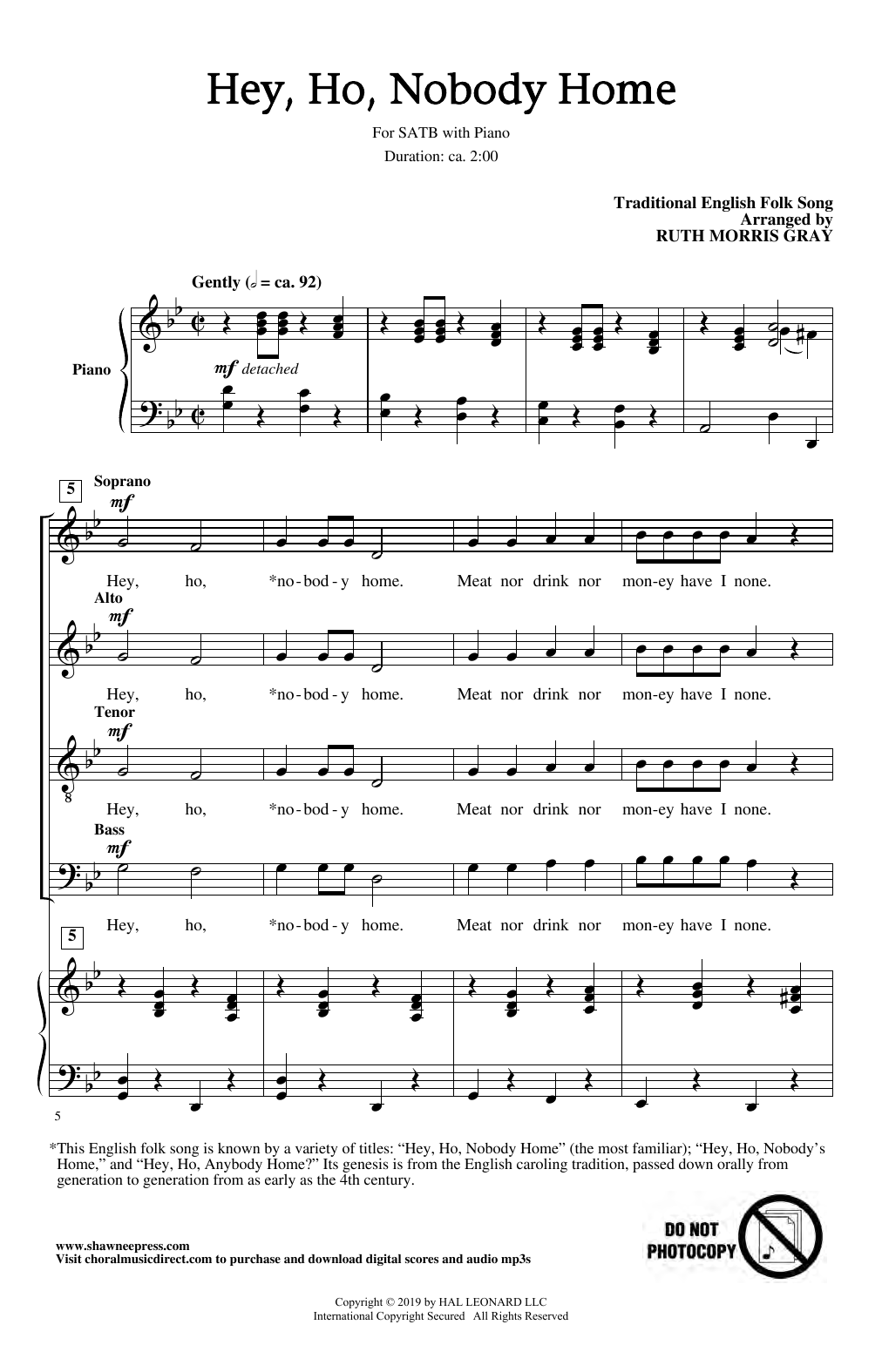 Traditional English Folk Song Hey Ho, Nobody Home (arr. Ruth Morris Gray) sheet music notes and chords. Download Printable PDF.