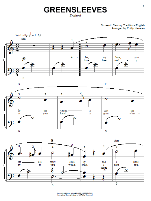 Traditional English Folksong Greensleeves sheet music notes and chords. Download Printable PDF.