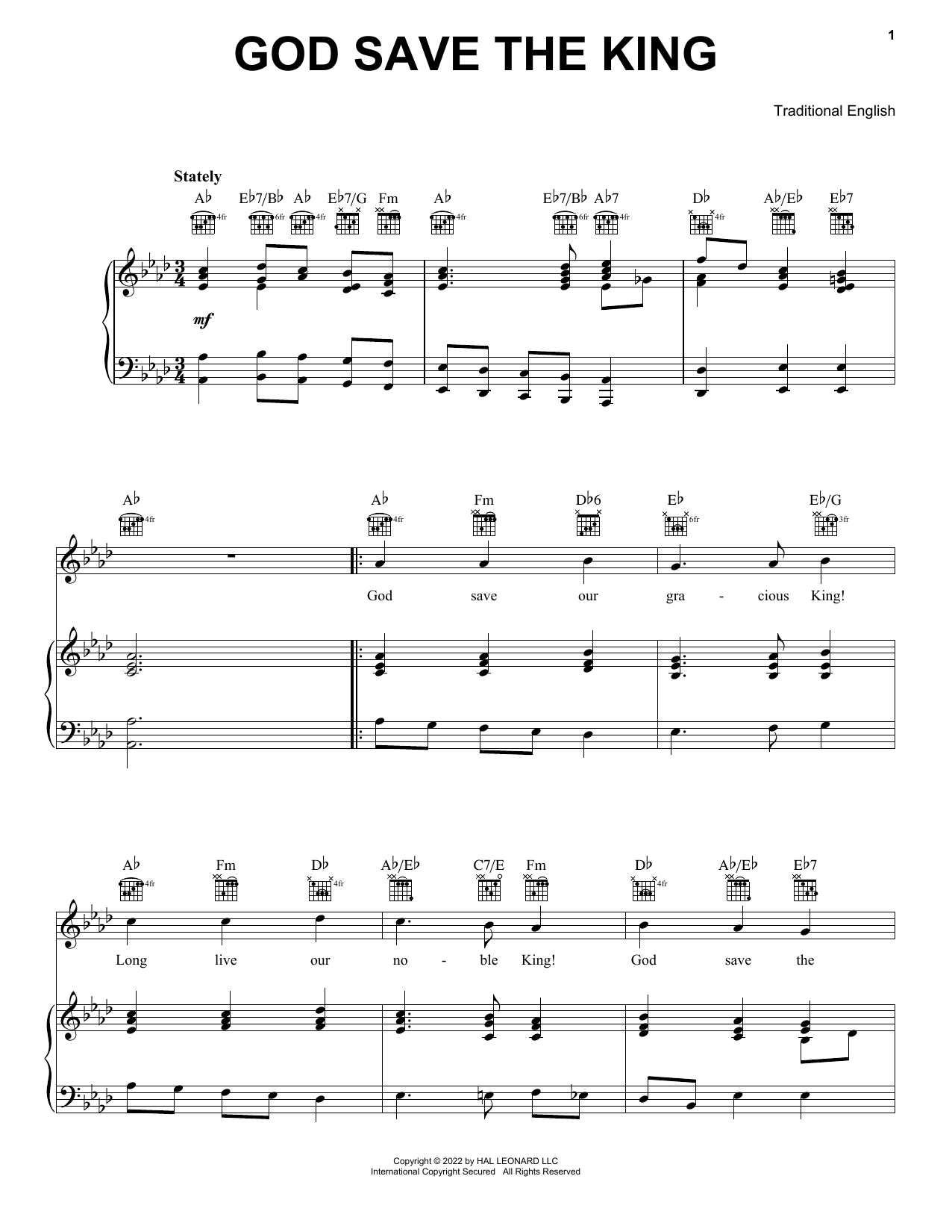 Traditional English God Save The King (UK National Anthem) sheet music notes and chords. Download Printable PDF.