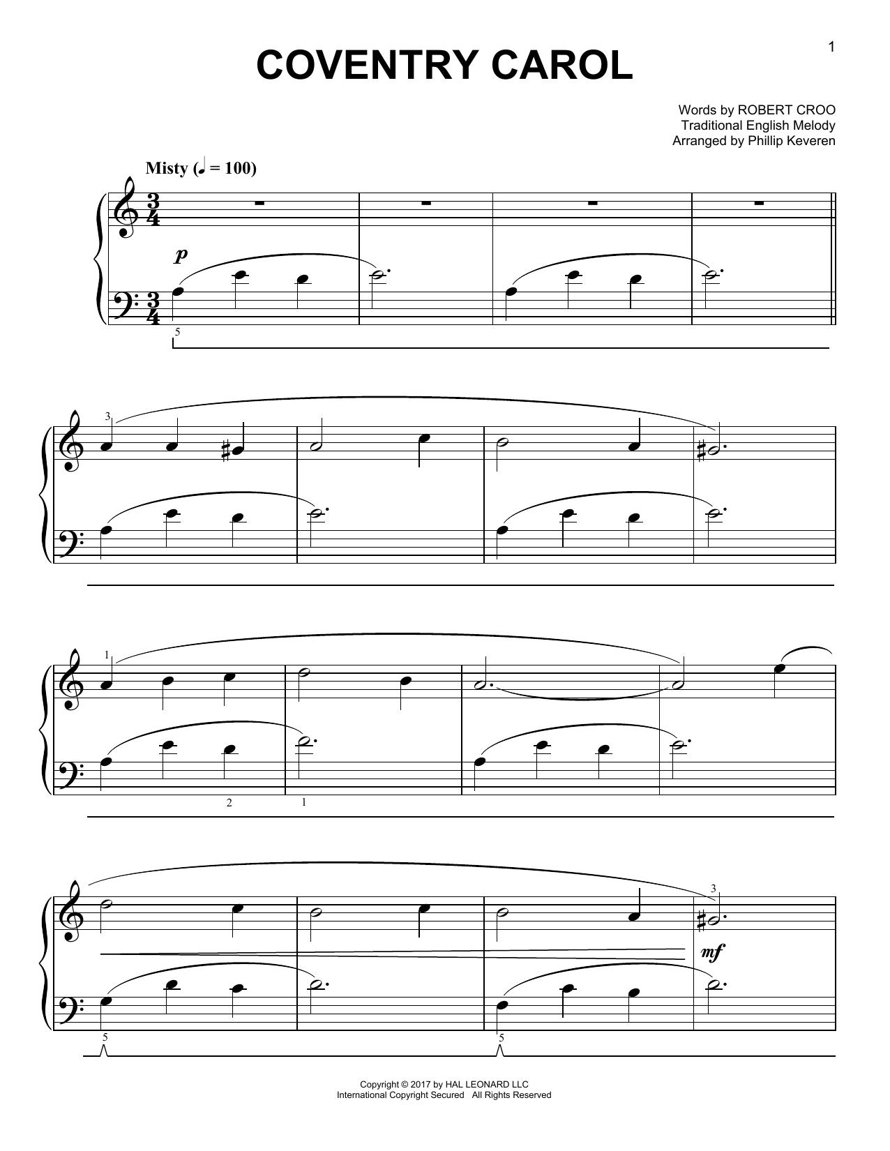 Traditional English Melody Coventry Carol [Classical version] (arr. Phillip Keveren) sheet music notes and chords. Download Printable PDF.