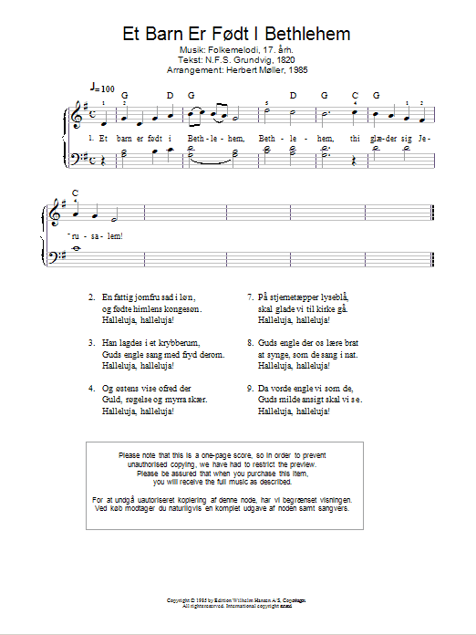 Traditional Et Barn Er Født I Bethlehem sheet music notes and chords arranged for Piano Solo