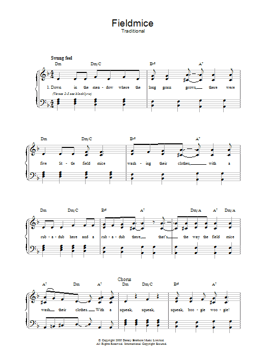Learn to play Traditional Fieldmice sheet music for Piano, Vocal & Guitar Chords in minutes. Price: 7.8900$ Traditional Fieldmice sheet music notes and chords arranged for Piano, Vocal & Guitar Chords