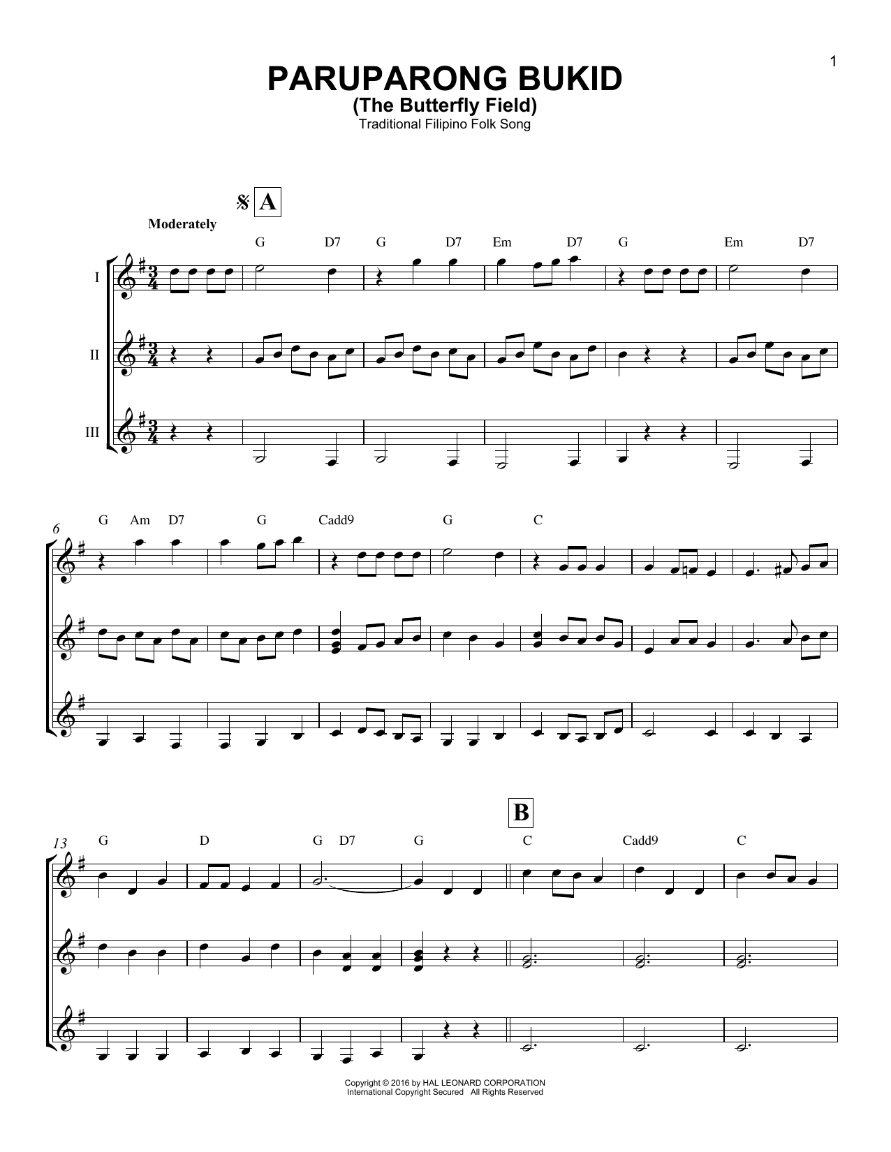 Traditional Filipino Folk Song Paruparong Bukid (The Butterfly Field) sheet music notes and chords. Download Printable PDF.