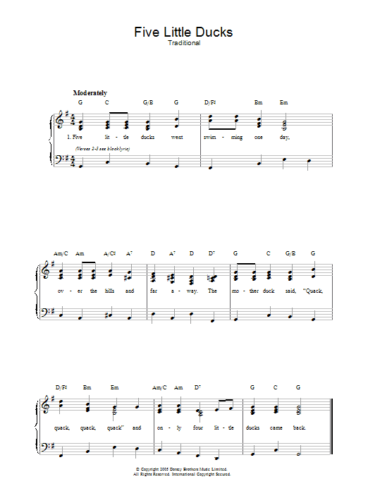 Traditional Five Little Ducks sheet music notes and chords. Download Printable PDF.