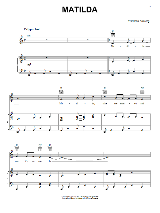 Learn to play Traditional Folk Song Matilda sheet music for Piano, Vocal & Guitar Chords (Right-Hand Melody) in minutes. Price: 7.8900$ Traditional Folk Song Matilda sheet music notes and chords arranged for Piano, Vocal & Guitar Chords (Right-Hand Melody)