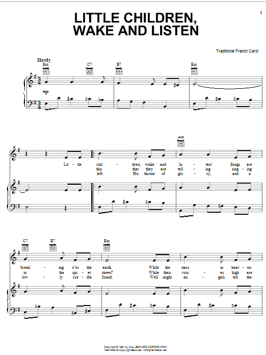 Traditional Carol Little Children, Wake And Listen sheet music notes and chords arranged for Piano, Vocal & Guitar Chords (Right-Hand Melody)