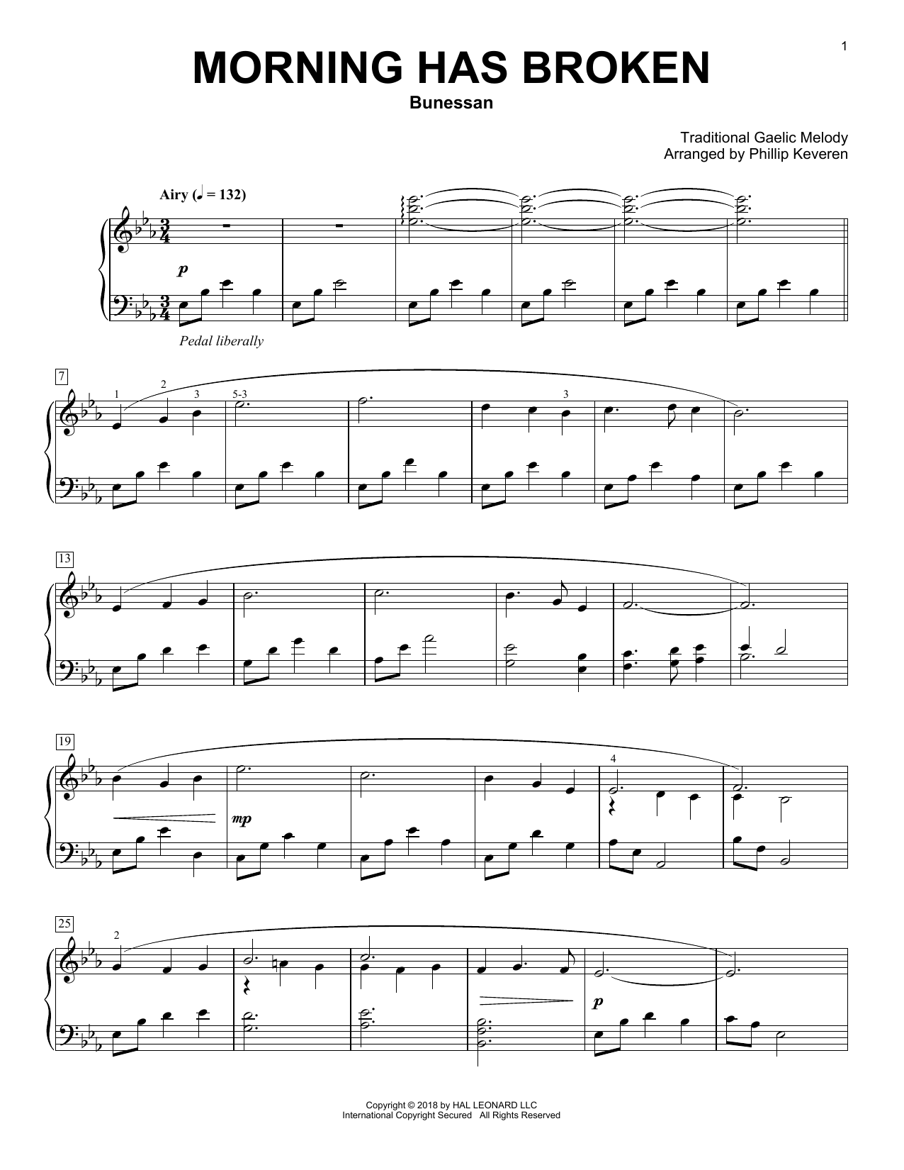 Traditional Gaelic Melody Morning Has Broken (arr. Phillip Keveren) sheet music notes and chords. Download Printable PDF.