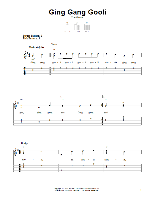 Traditional Ging Gang Gooli sheet music notes and chords. Download Printable PDF.