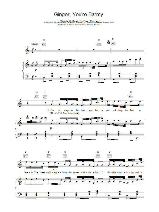 Learn to play Traditional Ginger, You're Barmy sheet music for Piano, Vocal & Guitar Chords in minutes. Price: 7.8900$ Traditional Ginger, You're Barmy sheet music notes and chords arranged for Piano, Vocal & Guitar Chords