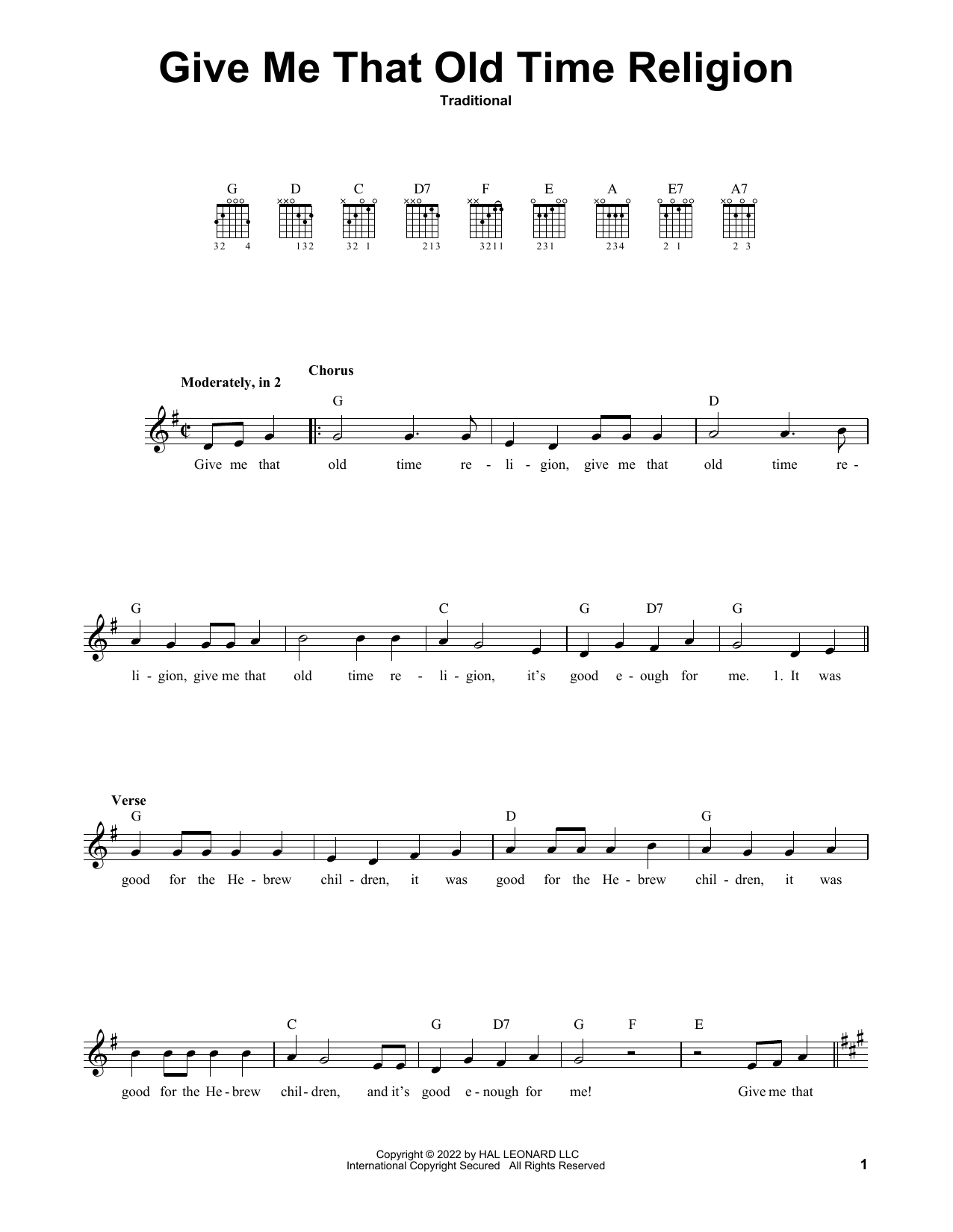 Traditional Give Me That Old Time Religion sheet music notes and chords. Download Printable PDF.