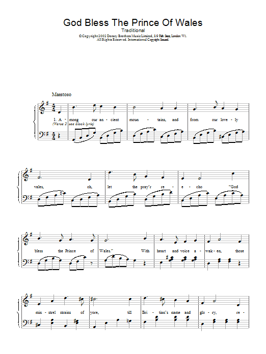 Learn to play Traditional God Bless The Prince Of Wales sheet music for Piano, Vocal & Guitar Chords in minutes. Price: 7.8900$ Traditional God Bless The Prince Of Wales sheet music notes and chords arranged for Piano, Vocal & Guitar Chords