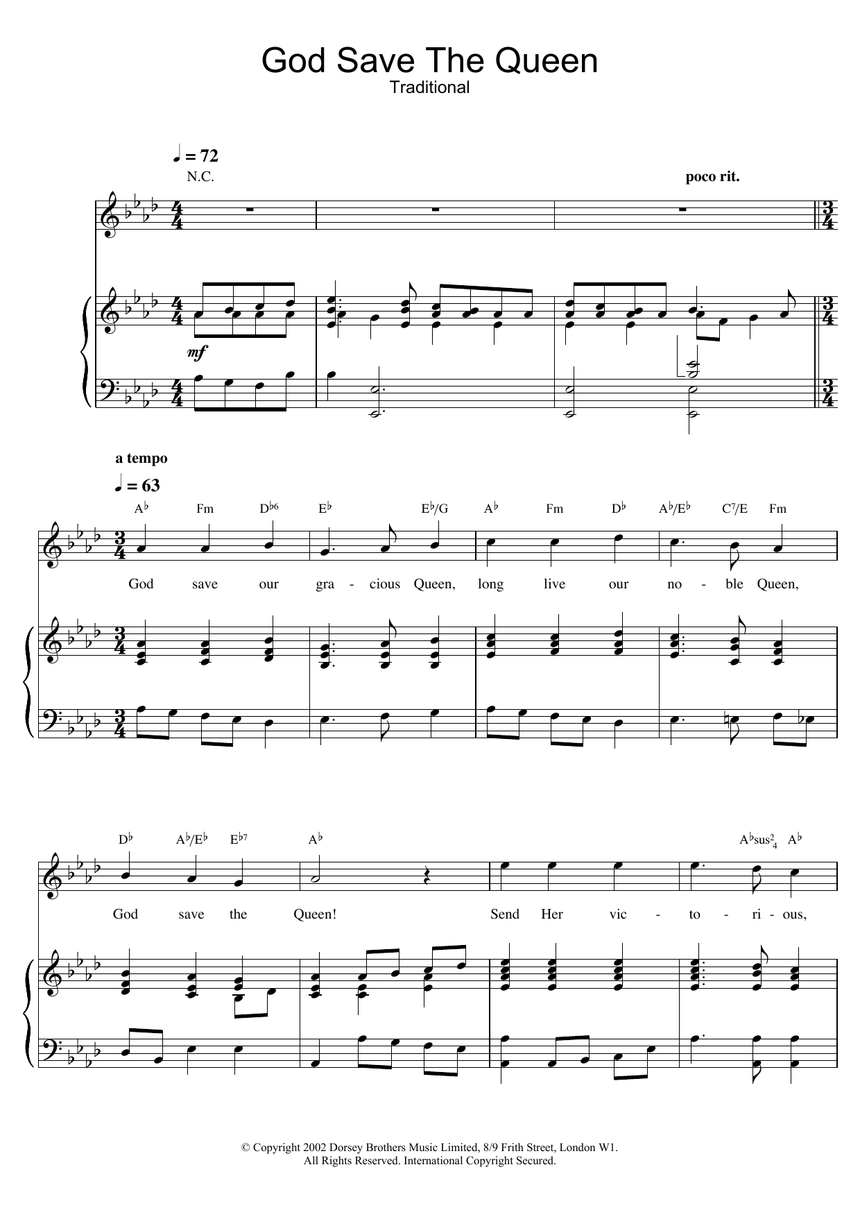 Traditional God Save The Queen (UK National Anthem) sheet music notes and chords arranged for Piano, Vocal & Guitar Chords (Right-Hand Melody)