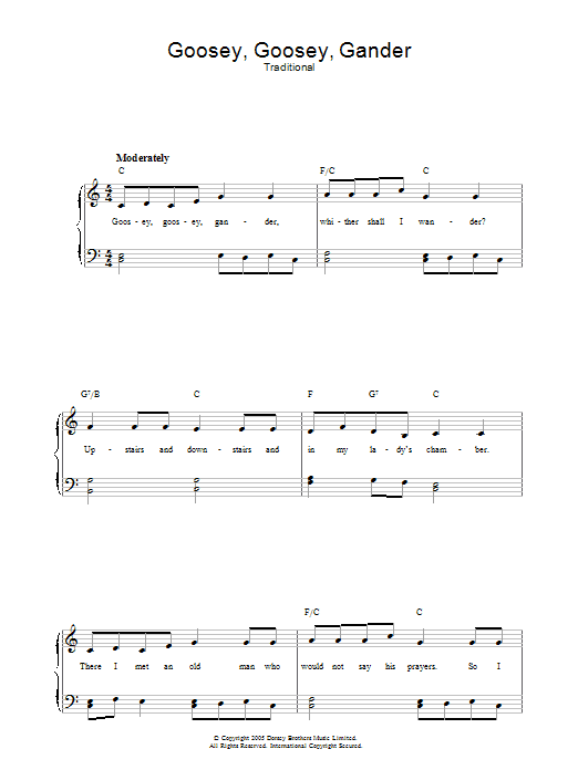 Traditional Goosey Goosey Gander sheet music notes and chords arranged for Piano, Vocal & Guitar Chords