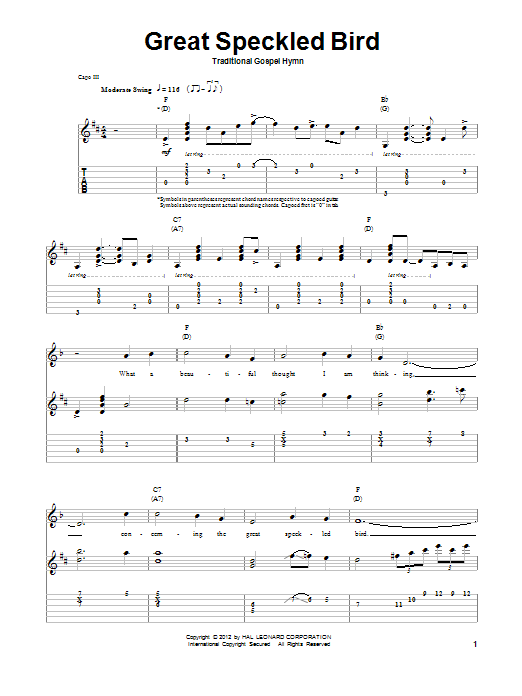 Traditional Gospel Hymn Great Speckled Bird sheet music notes and chords. Download Printable PDF.