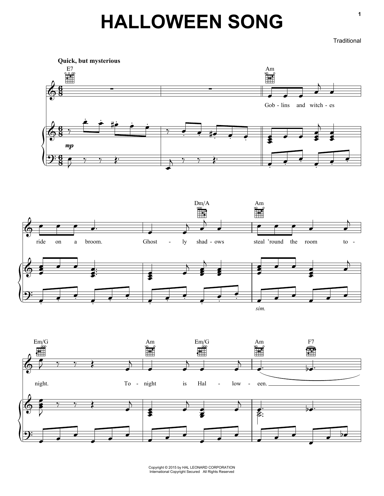 Traditional Halloween Song sheet music notes and chords. Download Printable PDF.