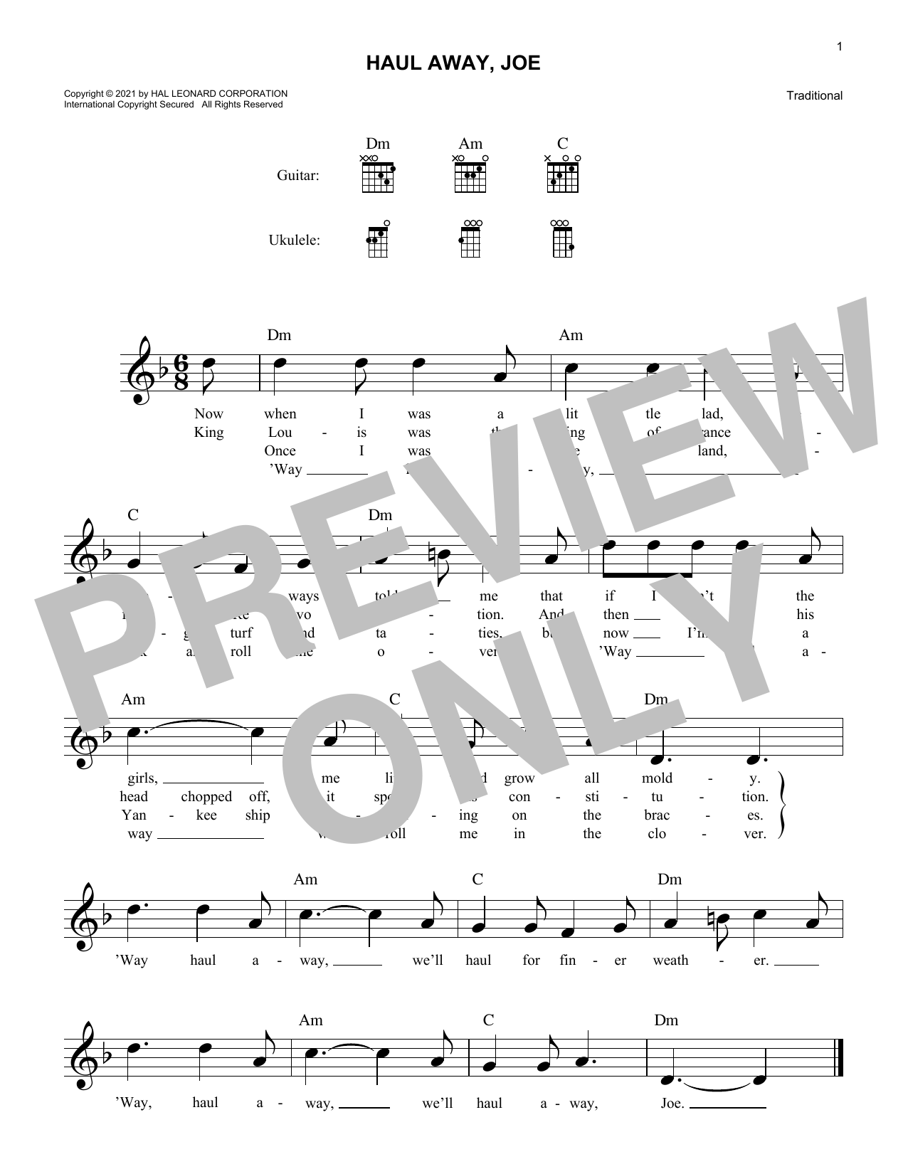 Traditional Haul Away, Joe sheet music notes and chords. Download Printable PDF.