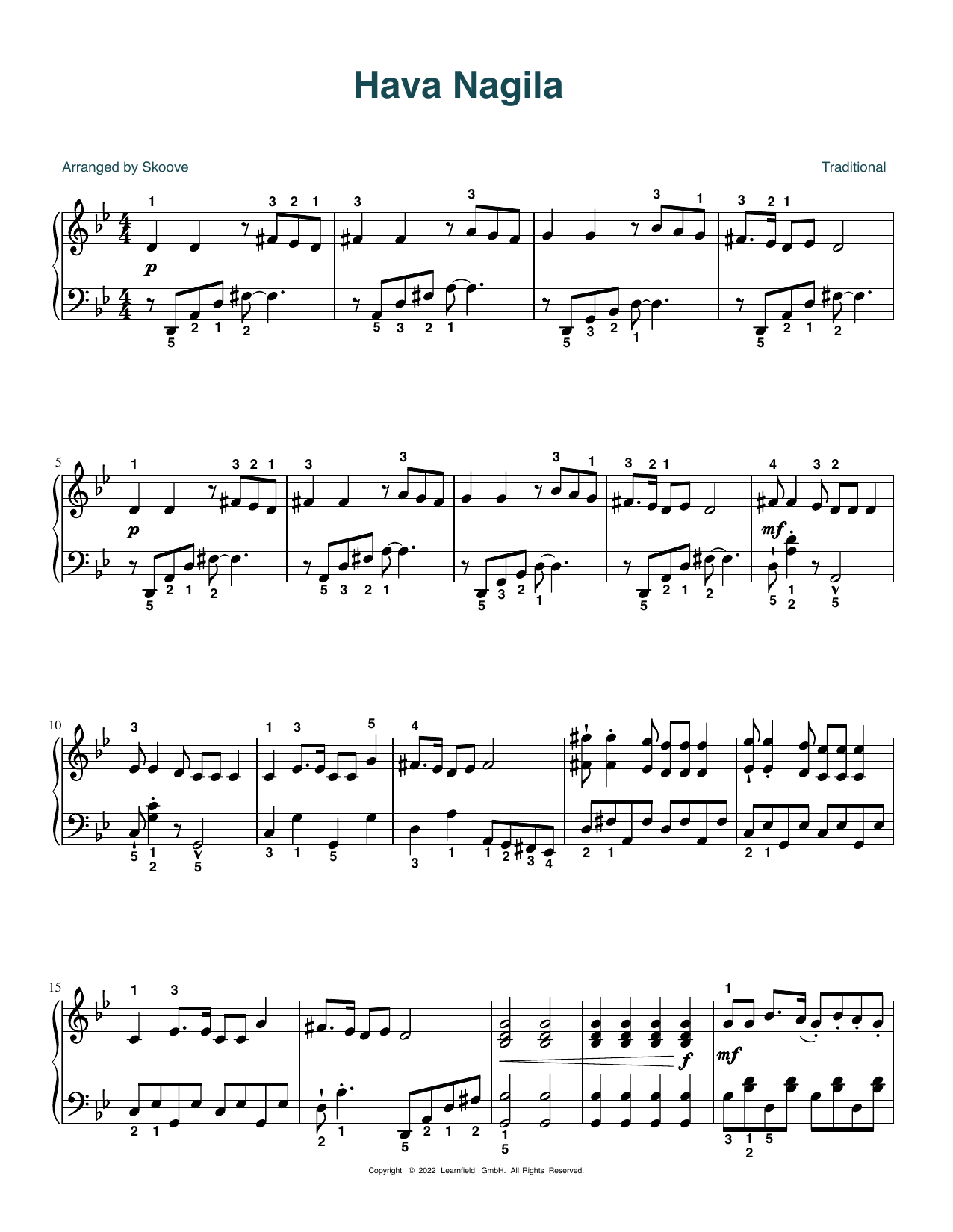 Traditional Hava Nagila (arr. Skoove) sheet music notes and chords. Download Printable PDF.