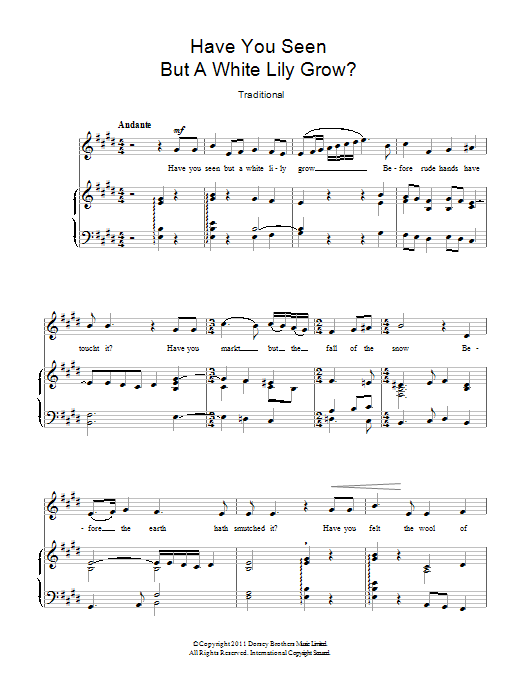 Learn to play Traditional Have You Seen But A White Lily Grow? sheet music for Piano & Vocal in minutes. Price: 6.9900$ Traditional Have You Seen But A White Lily Grow? sheet music notes and chords arranged for Piano & Vocal