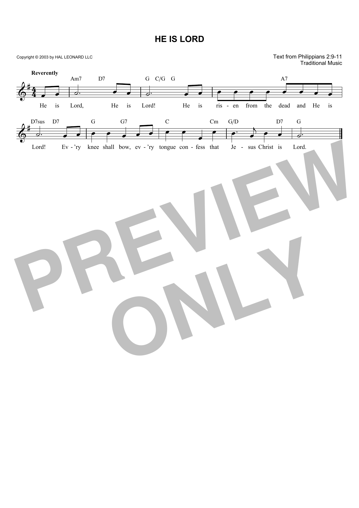 Traditional He Is Lord sheet music notes and chords. Download Printable PDF.