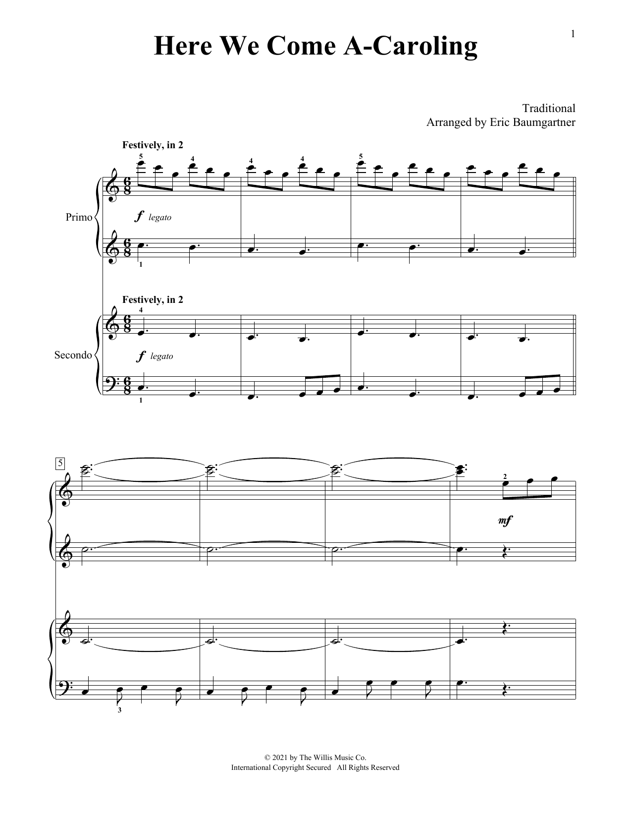 Traditional Here We Come A-Caroling (arr. Eric Baumgartner) sheet music notes and chords. Download Printable PDF.