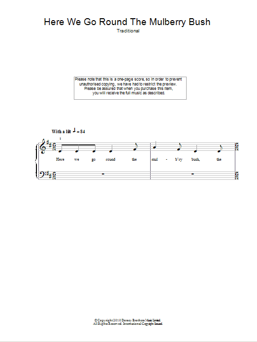 Traditional Nursery Rhyme Here We Go Round The Mulberry Bush sheet music notes and chords. Download Printable PDF.