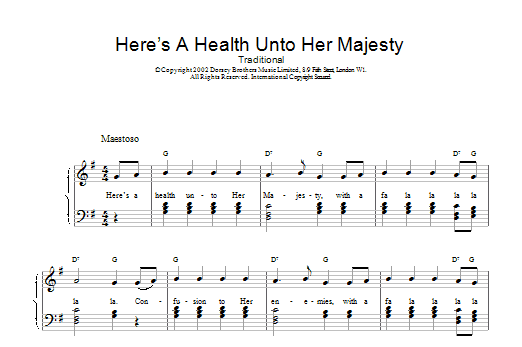 Learn to play Traditional Here's A Health Unto Her Majesty sheet music for Piano, Vocal & Guitar Chords in minutes. Price: 7.8900$ Traditional Here's A Health Unto Her Majesty sheet music notes and chords arranged for Piano, Vocal & Guitar Chords