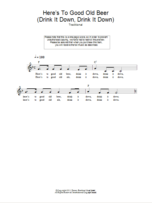 Traditional Here's To Good Old Beer (Drink It Down, Drink It Down) sheet music notes and chords. Download Printable PDF.