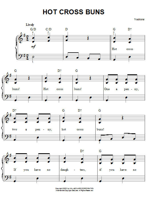 Learn to play Traditional Nursery Rhyme Hot Cross Buns sheet music for Easy Piano in minutes. Price: 6.9900$ Traditional Nursery Rhyme Hot Cross Buns sheet music notes and chords arranged for Easy Piano