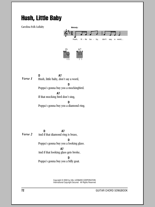 Traditional Hush Little Baby sheet music notes and chords. Download Printable PDF.