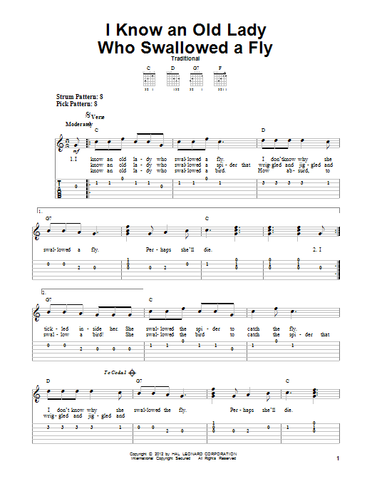 Traditional I Know An Old Lady Who Swallowed A Fly sheet music notes and chords. Download Printable PDF.