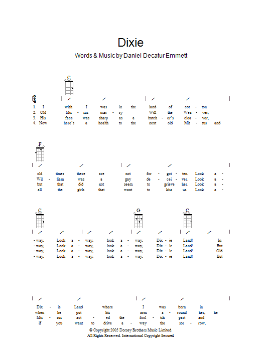 Traditional Dixie sheet music notes and chords. Download Printable PDF.