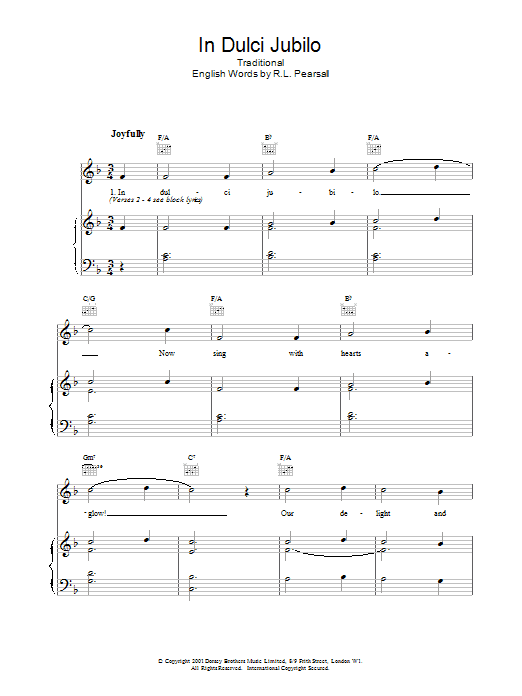 Learn to play Christmas Carol In Dulci Jubilo sheet music for Piano, Vocal & Guitar Chords (Right-Hand Melody) in minutes. Price: 7.8900$ Christmas Carol In Dulci Jubilo sheet music notes and chords arranged for Piano, Vocal & Guitar Chords (Right-Hand Melody)