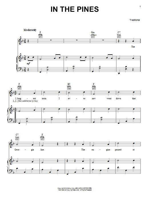 Traditional In The Pines sheet music notes and chords arranged for Piano, Vocal & Guitar Chords (Right-Hand Melody)