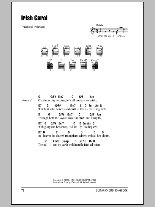 Traditional Irish Carol sheet music notes and chords. Download Printable PDF.