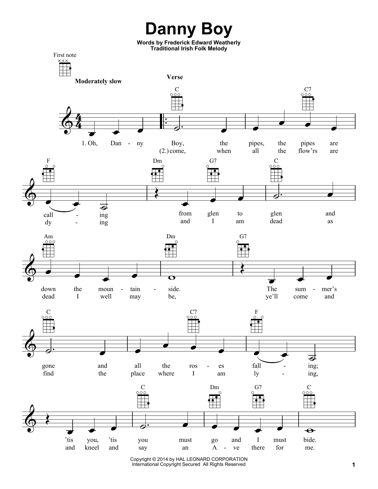 Traditional Irish Danny Boy sheet music notes and chords. Download Printable PDF.