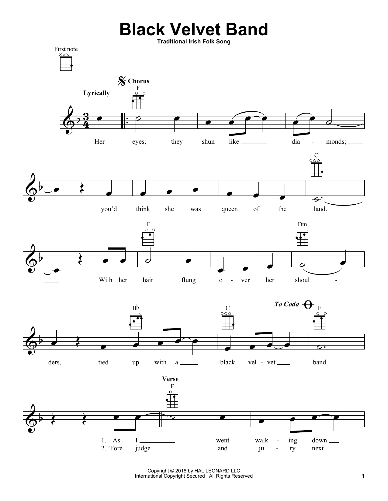 Traditional Irish Folk Song Black Velvet Band sheet music notes and chords. Download Printable PDF.