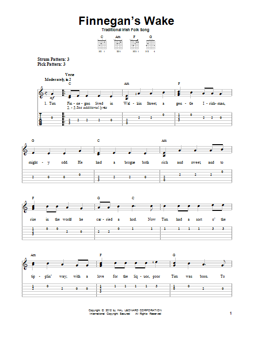 Traditional Irish Folk Song Finnegan's Wake sheet music notes and chords. Download Printable PDF.