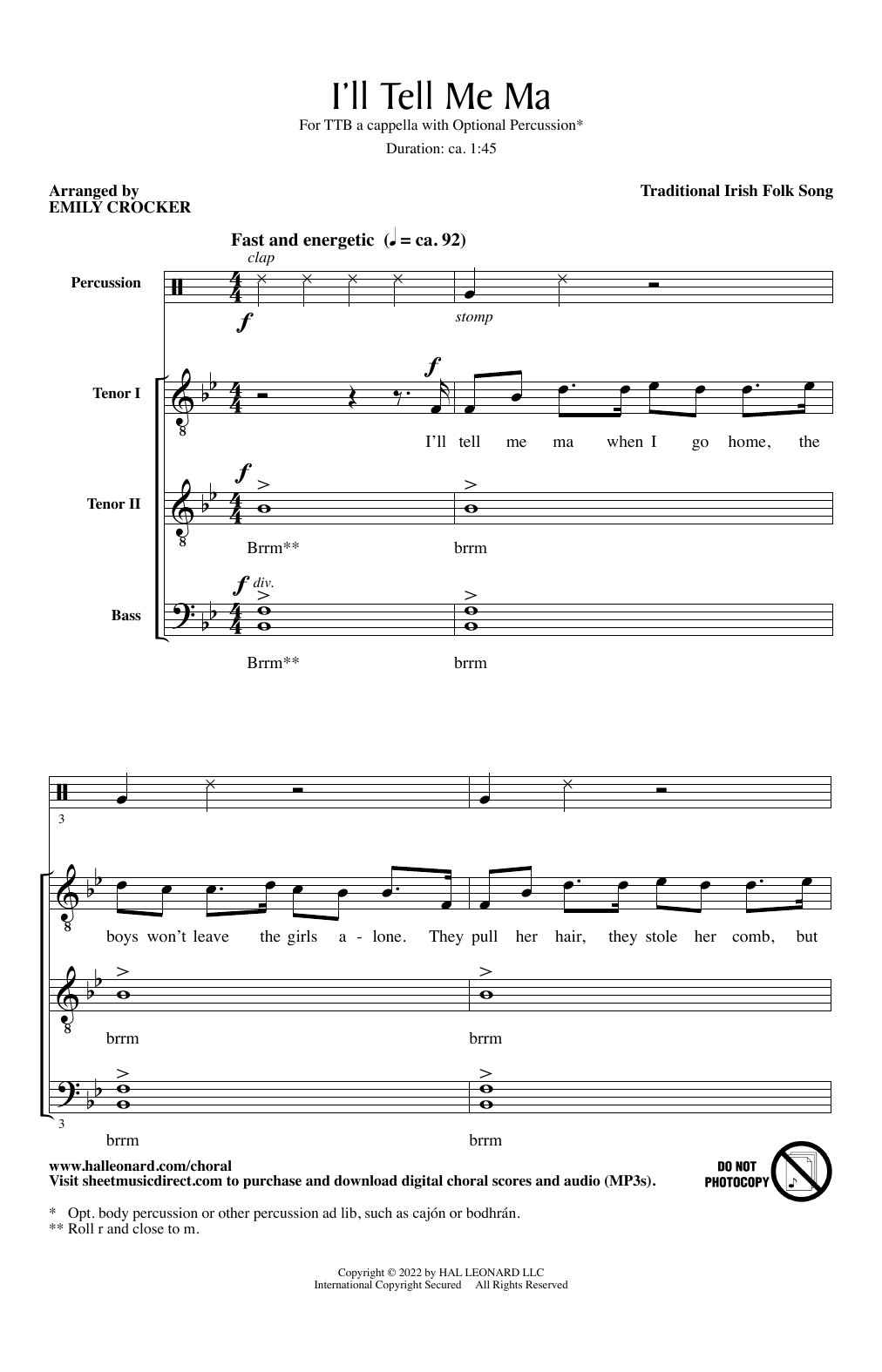 Traditional Irish Folk Song I'll Tell Me Ma (arr. Emily Crocker) sheet music notes and chords. Download Printable PDF.