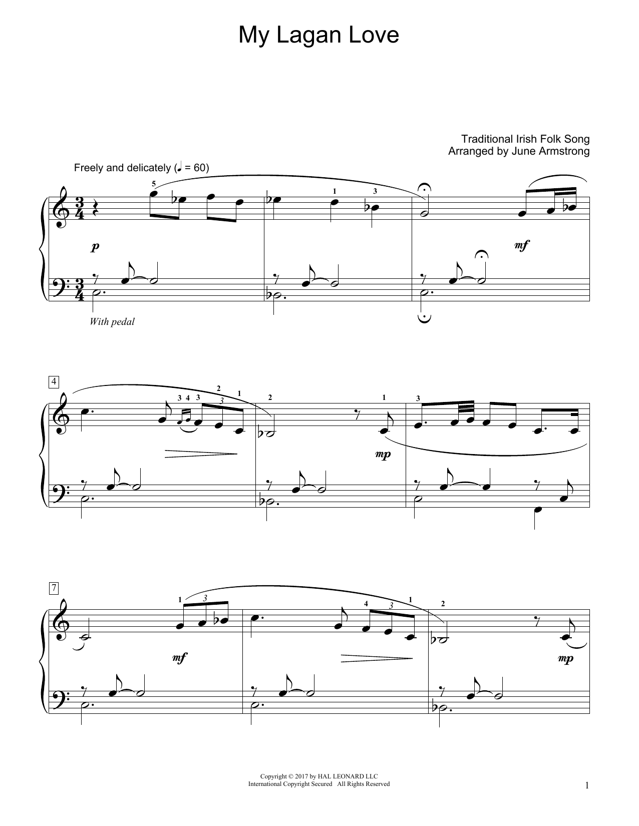 Traditional Irish Folk Song My Lagan Love (arr. June Armstrong) sheet music notes and chords. Download Printable PDF.